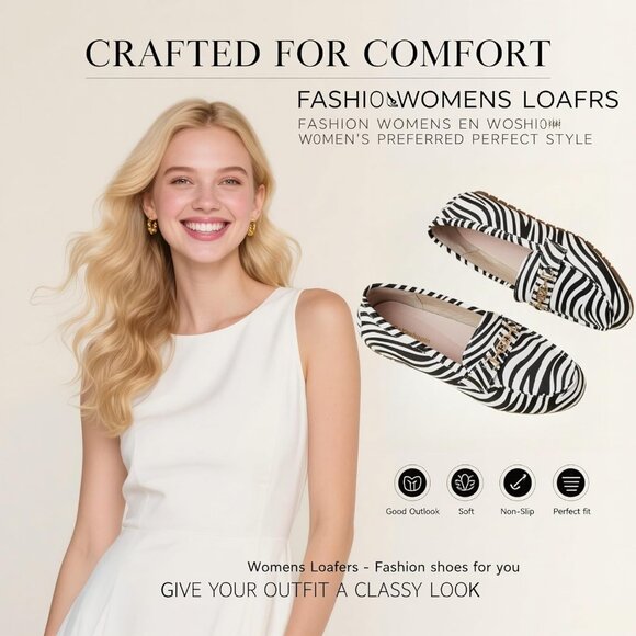 Women Zebra Polyurethane Accent Buckle Leisure Slip On Walking Flats Shoes - Picture 2 of 9